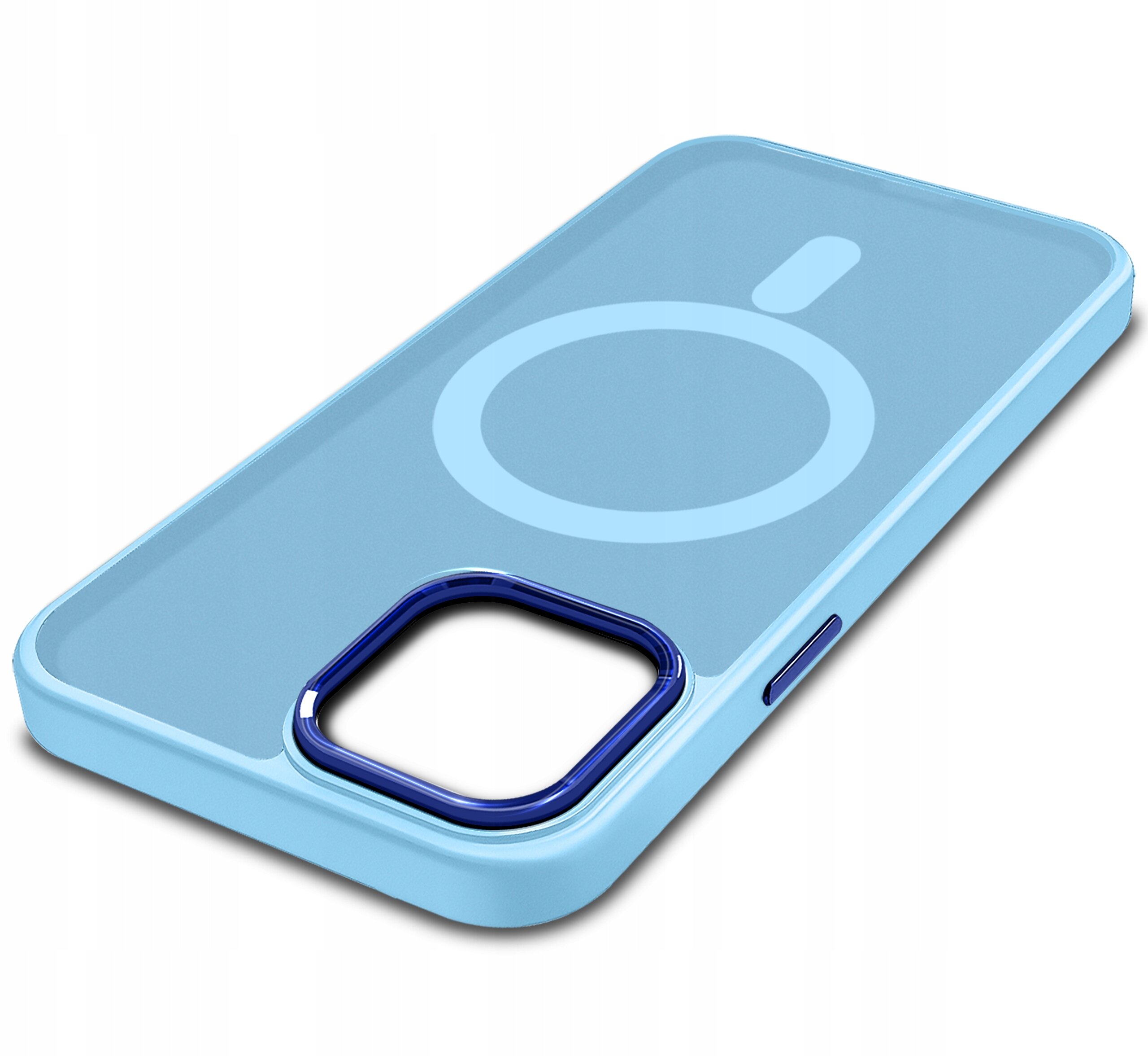 Niebieskie etui do iPhone 12 | 12 Pro z matowym wykończeniem i wycięciem na aparat oraz oznaczeniem MagSafe na tylnej części.