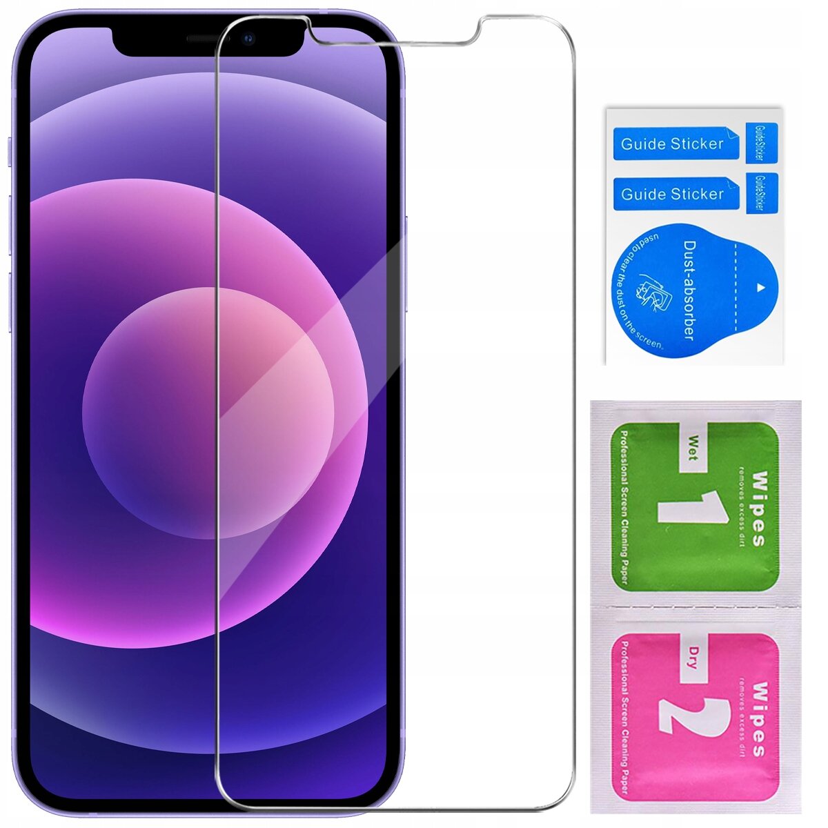 Na zdjęciu znajduje się etui do iPhone 12 | 12 Pro oraz szkło ochronne na ekran, obok których widoczne są naklejki \'Guide Sticker\', \'Dust-absorber\' oraz chusteczki \'Wet 1\' i \'Dry 2\'.