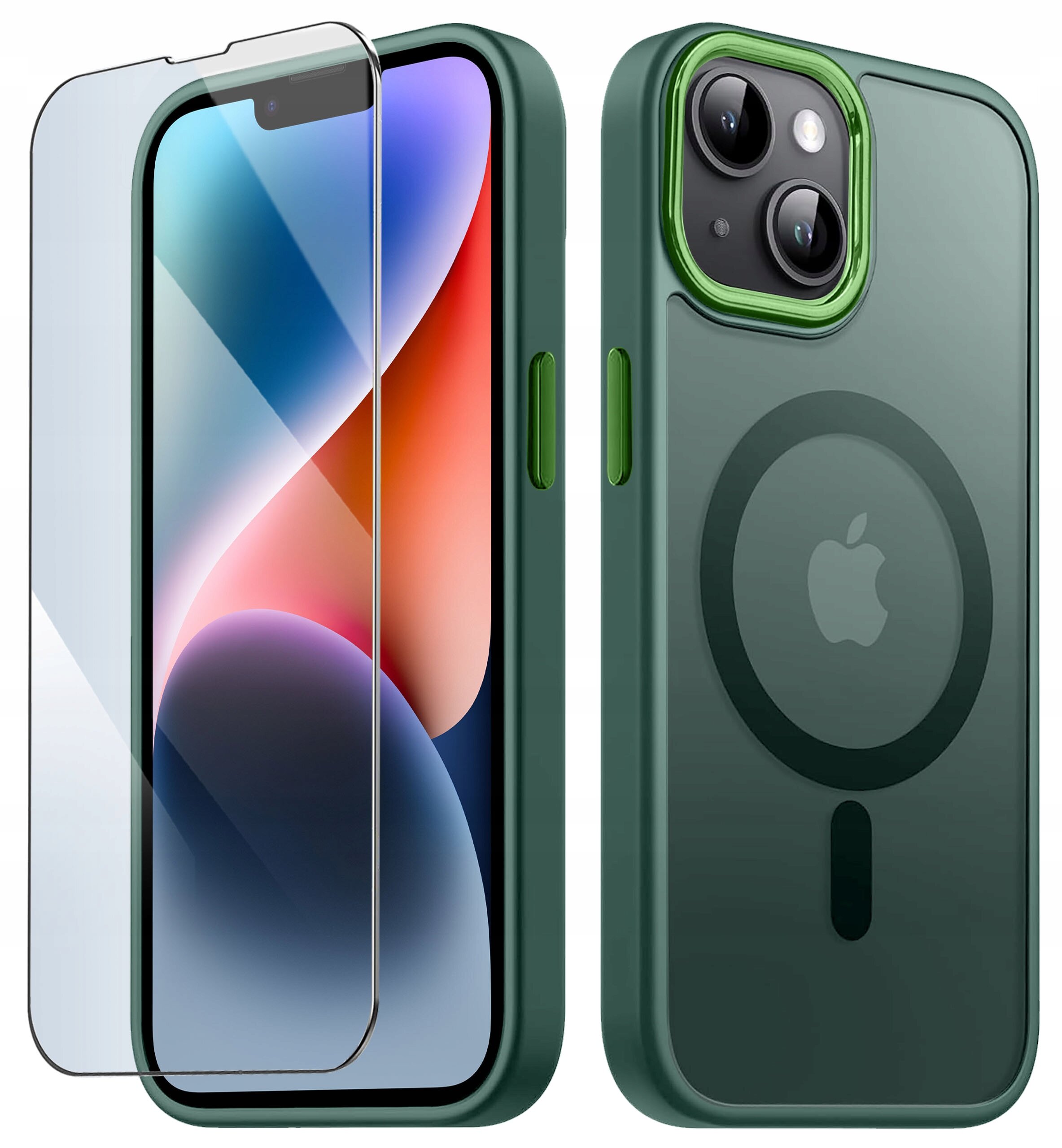 Obraz przedstawia zielone etui do iPhone 14 Plus z funkcją MagSafe oraz szkło ochronne na ekran. Na etui widoczne jest logo w kształcie nadgryzionego jabłka.