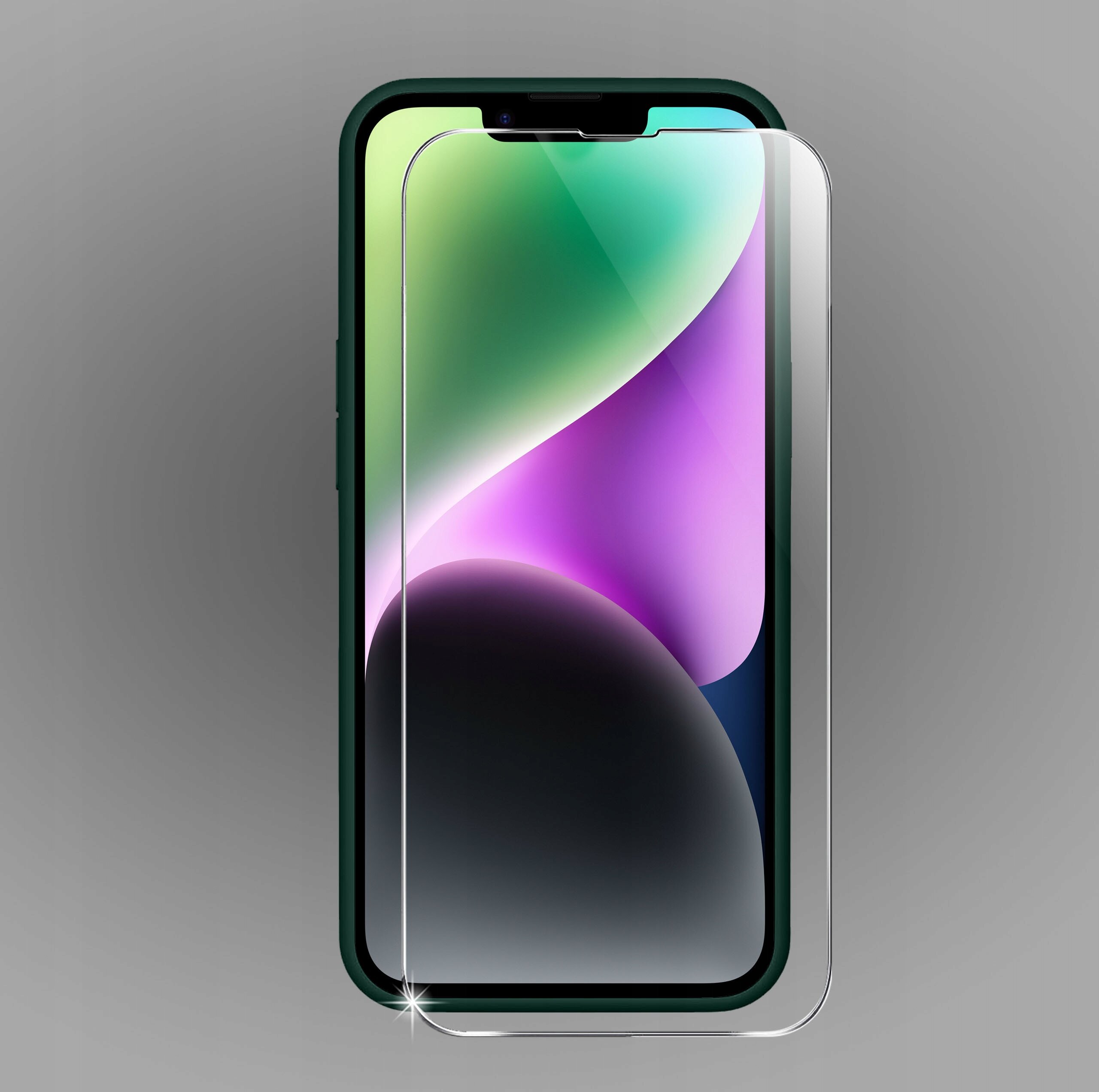 Obraz przedstawia etui do iPhone 14 Plus z matowym wykończeniem oraz szkło ochronne na ekranie, umieszczone na szarym tle.