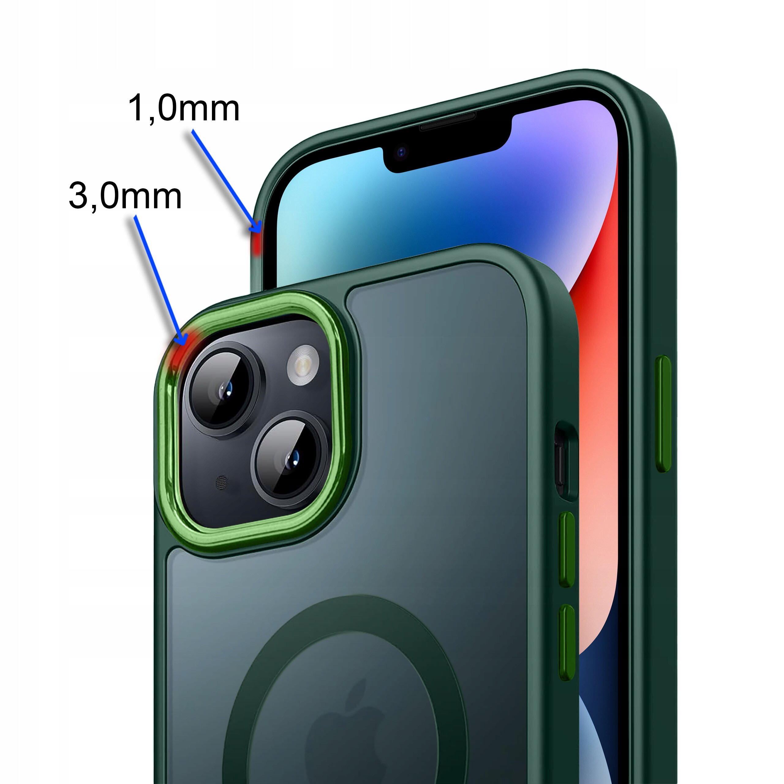 Obraz przedstawia zielone etui na telefon z widocznymi oznaczeniami grubości 1,0 mm i 3,0 mm przy aparacie. Na etui znajduje się logo w kształcie jabłka.