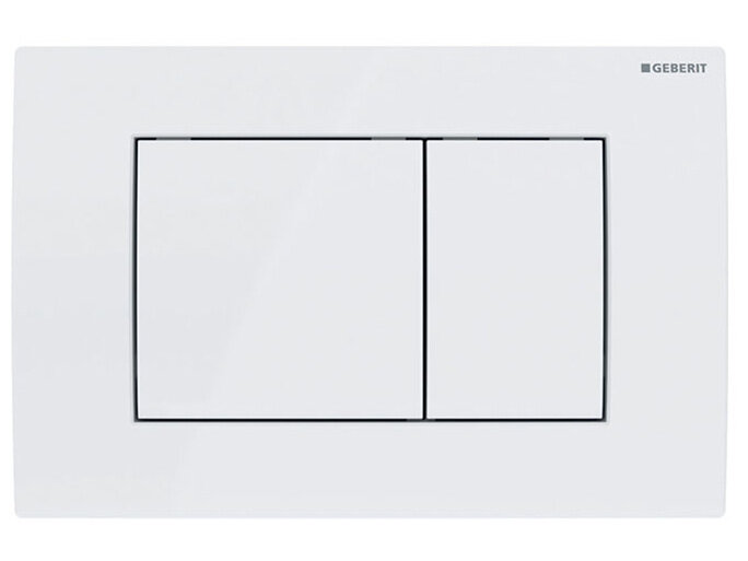 Biały panel z dwoma przyciskami, na którym widoczne jest logo \'GEBERIT\' w prawym górnym rogu.
