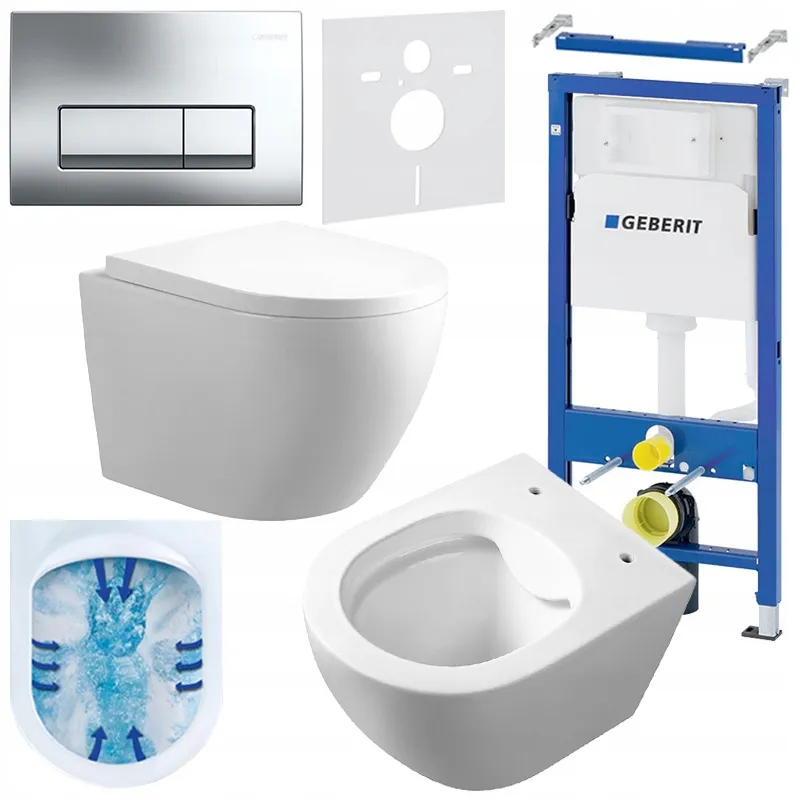 Na obrazie znajduje się zestaw podtynkowy do WC, w skład którego wchodzą: biały ceramiczny sedes, stelaż z napisem \'GEBERIT\', przycisk spłukujący w kolorze srebrnym oraz elementy montażowe. Widoczny jest również schemat działania spłukiwania wody wewnątrz muszli.