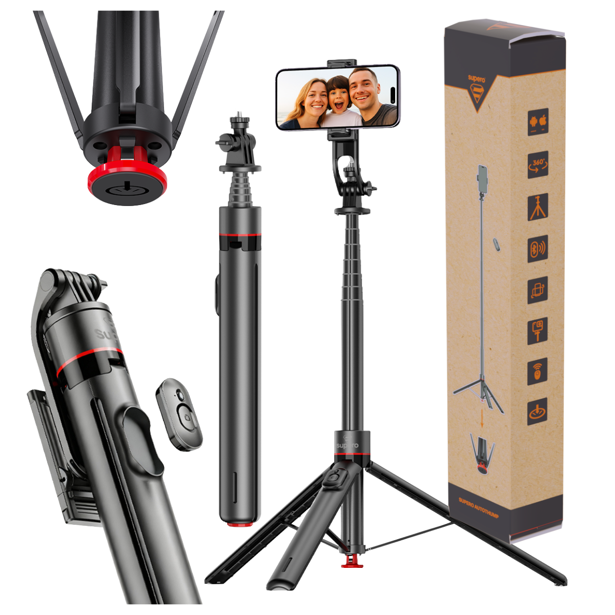 Na obrazie widoczny jest selfie stick z funkcją statywu, z zamontowanym telefonem pokazującym zdjęcie trzech osób. Obok znajduje się pudełko z ikonami przedstawiającymi funkcje urządzenia, takie jak Bluetooth i obrót 360 stopni.