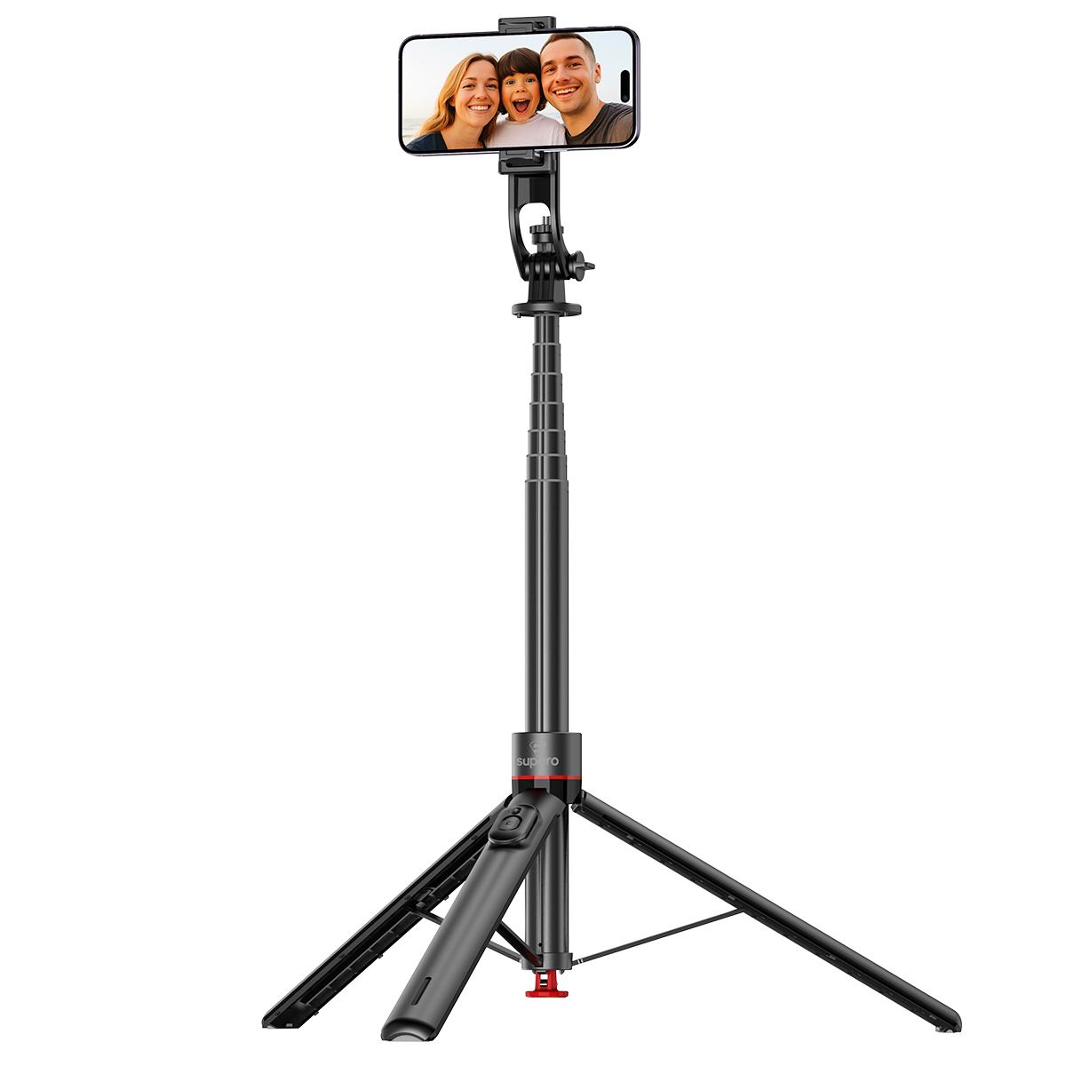 Czarny selfie stick z funkcją statywu, na którym zamocowany jest smartfon wyświetlający zdjęcie trzech uśmiechniętych osób. Na uchwycie widoczny jest napis \'SUPTTO\'.