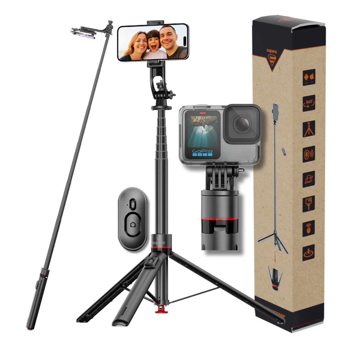Na obrazie znajduje się selfie stick z funkcją statywu, na którym zamocowany jest smartfon z widocznym zdjęciem trzech osób. Obok znajduje się pilot Bluetooth, kamera sportowa oraz opakowanie z ikonami przedstawiającymi funkcje produktu.