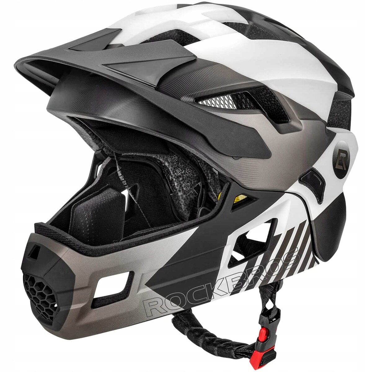 Kask rowerowy dziecięcy w kolorach czarnym, białym i szarym z napisem \'ROCKBROS\' na boku. Posiada szczękową osłonę i regulowane zapięcie z czerwonym elementem.