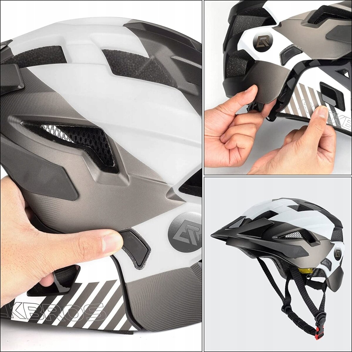 Kask rowerowy dziecięcy w kolorach szaro-białych z czarnymi elementami, posiada otwory wentylacyjne i regulowane zapięcie. Widoczne logo ROCKBROS oraz wzór w paski na dolnej części kasku.
