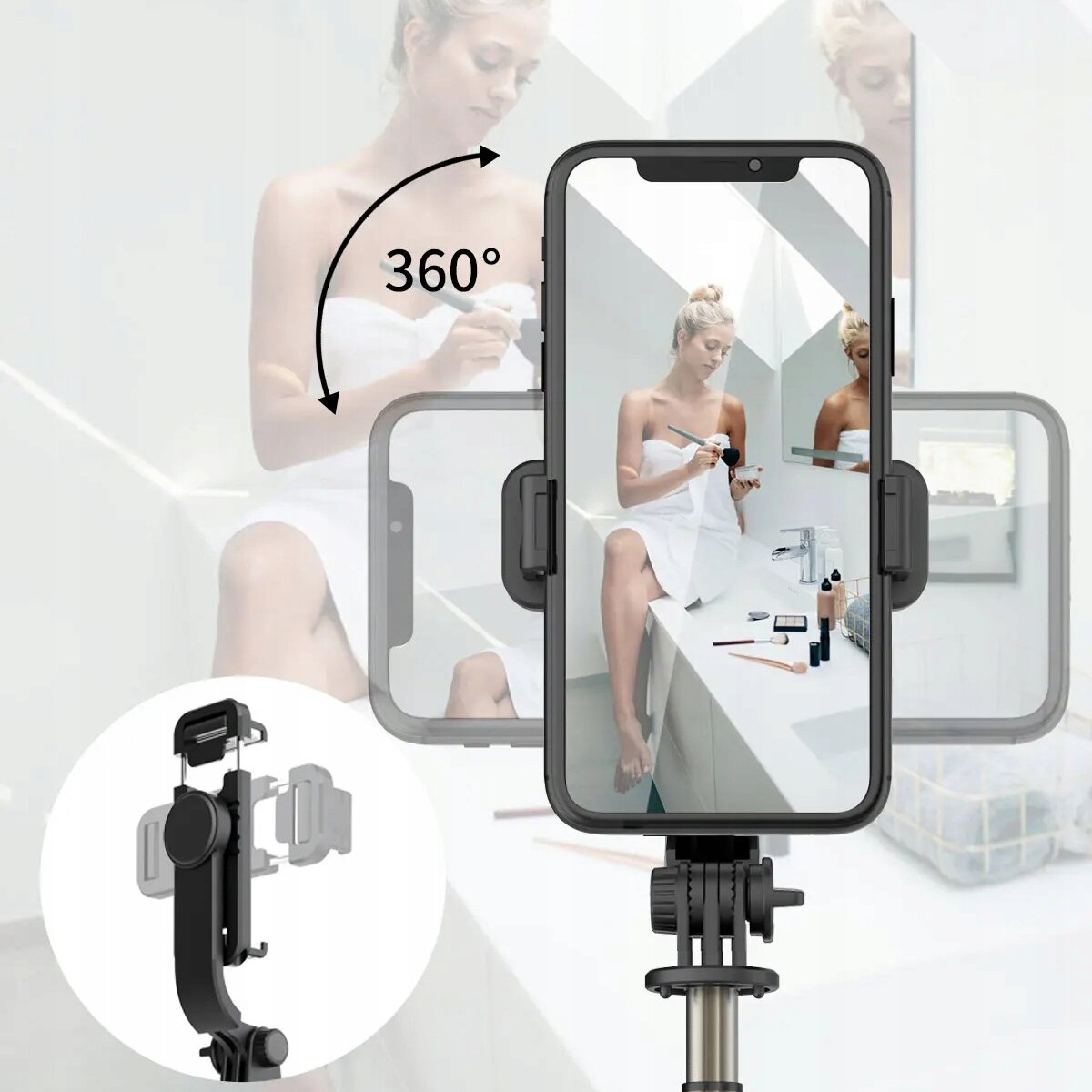 Obraz przedstawia telefon zamocowany na statywie z uchwytem, z możliwością obrotu o 360 stopni. W tle widoczna jest osoba siedząca w łazience, używająca kosmetyków.