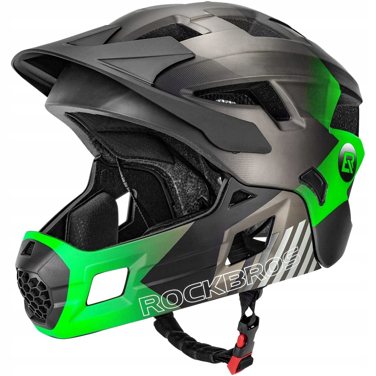 Kask rowerowy dziecięcy w kolorach czarnym i zielonym z napisem \'ROCKBROS\'. Posiada szczękową osłonę i otwory wentylacyjne.