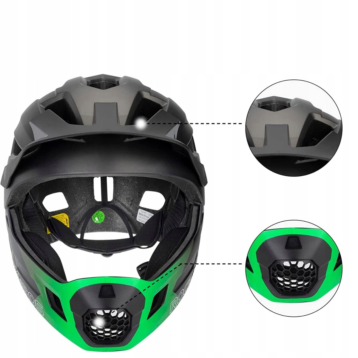 Kask rowerowy dziecięcy w kolorze czarno-zielonym z ochronną szczęką i otworami wentylacyjnymi. Widoczne są zbliżenia na detale konstrukcji kasku.