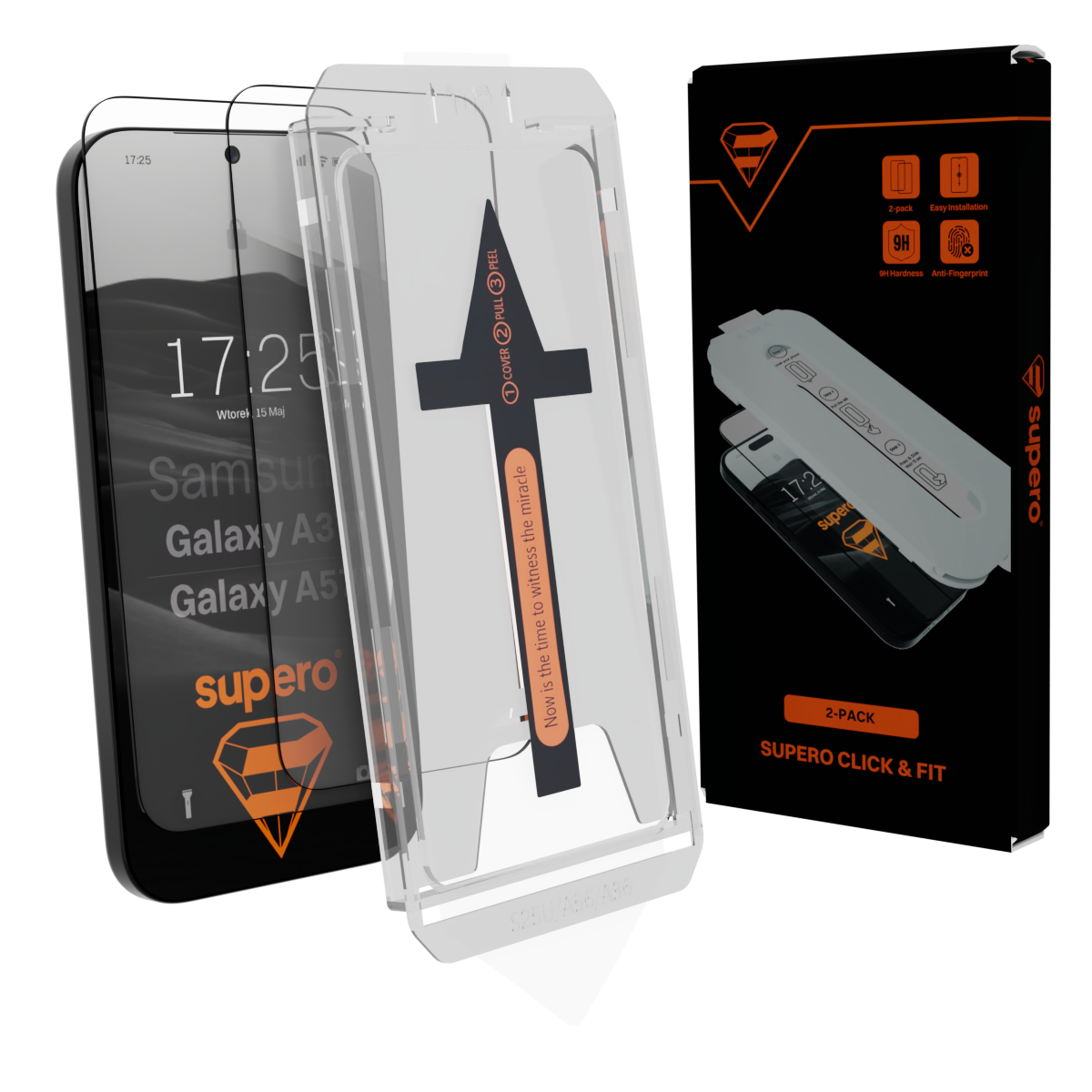 Obraz przedstawia szkło hartowane z aplikatorem do telefonu Samsung Galaxy A57/A37 oraz opakowanie z logo \'supero\'. Na opakowaniu widnieją ikony: 2-pack, Easy Installation, 9H Hardness, Anti-Fingerprint.