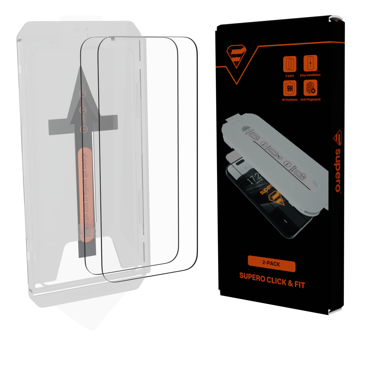 Na obrazie widoczne są dwa szkła hartowane oraz opakowanie z napisem \'2-PACK SUPER CLICK & FIT\'. Opakowanie zawiera ikony z informacjami: \'Easy Installation\', \'9H Hardness\', \'Anti-Fingerprint\'.
