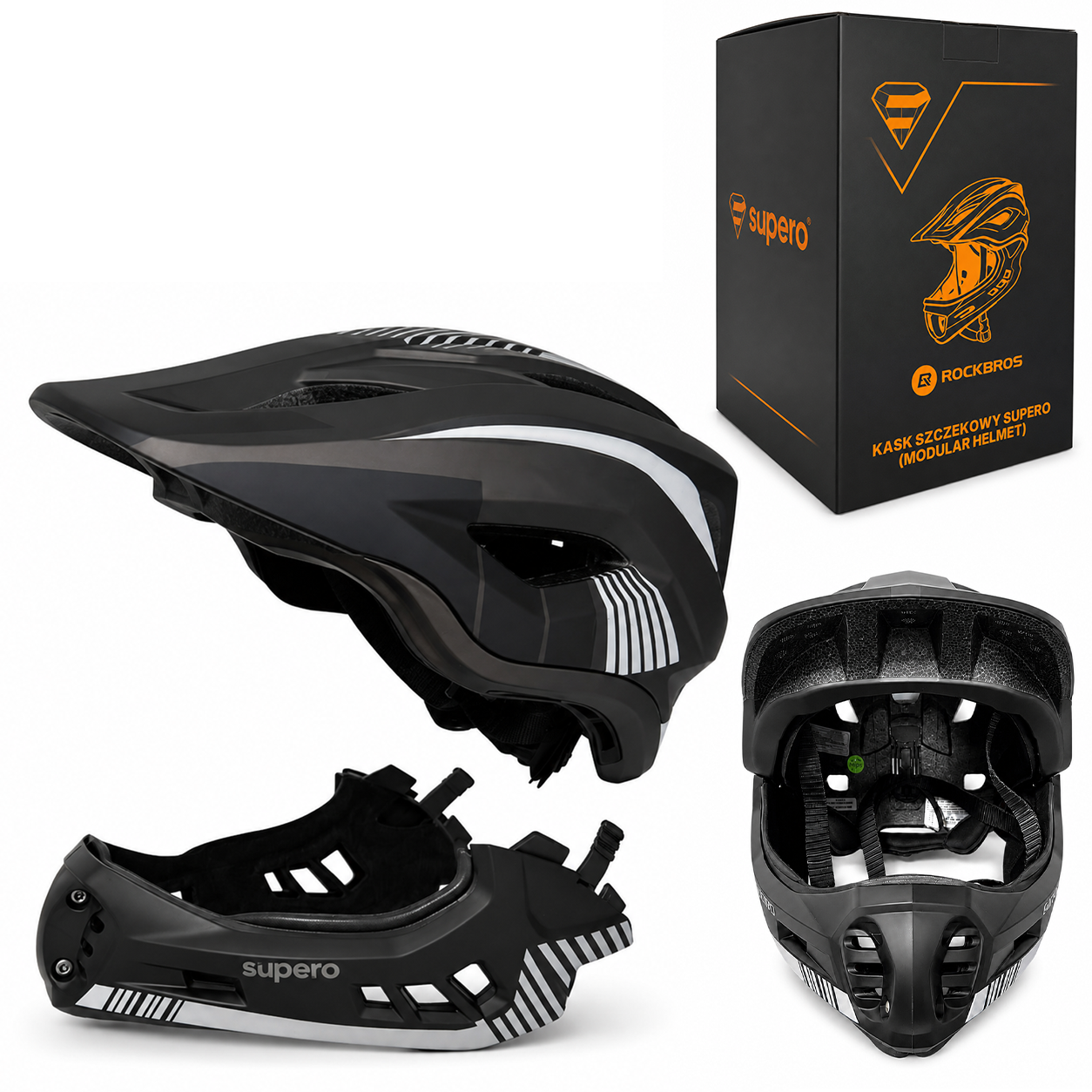 Na obrazie widoczny jest czarny kask rowerowy z białymi i szarymi elementami oraz pudełko z napisem \'supero\' i \'ROCKBROS\'. Kask ma zdejmowaną osłonę na szczękę i otwory wentylacyjne.