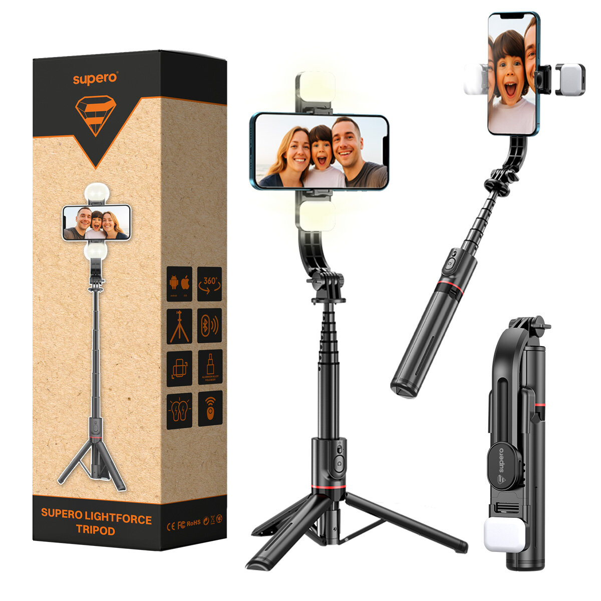 Na obrazie widoczny jest kijek selfie z funkcją statywu i lampą, obok znajduje się opakowanie z logo \'supero\'. Na opakowaniu widnieje napis \'SUPERO LIGHTFORCE TRIPOD\'.