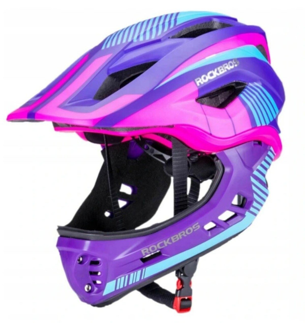 Kask rowerowy dziecięcy w kolorach fioletowym, różowym i niebieskim z napisem \'ROCKBROS\'. Kask posiada szczękową konstrukcję i regulowane zapięcie.