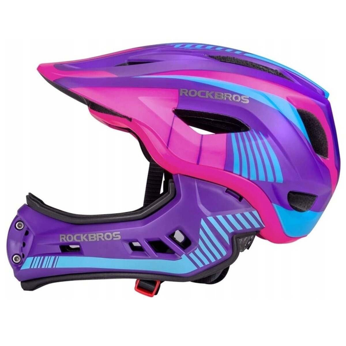Kask rowerowy dziecięcy w kolorach fioletowym, różowym i niebieskim z widocznym napisem \'ROCKBROS\' na boku. Kask ma szczękową konstrukcję i nowoczesny design z otworami wentylacyjnymi.