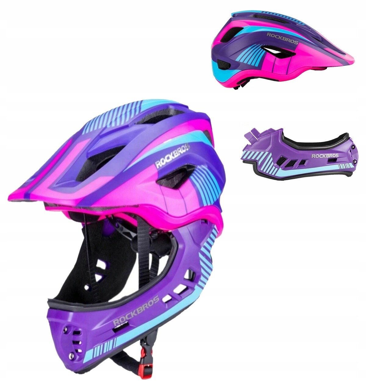 Kask rowerowy dziecięcy w kolorach fioletowym, różowym i niebieskim z napisem \'ROCKBROS\'. Widoczne są trzy ujęcia kasku: z przodu, z boku i odłączona część szczękowa.