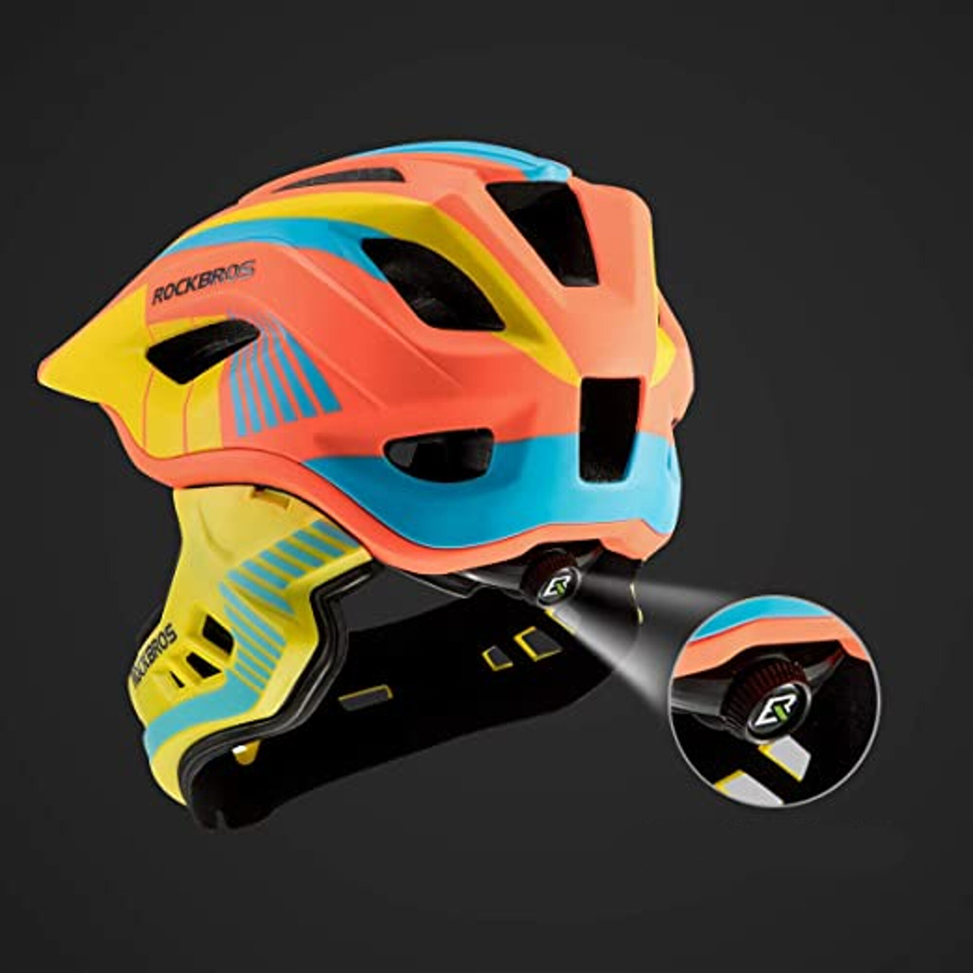 Kask rowerowy dziecięcy w kolorach pomarańczowym, żółtym i niebieskim z widocznym logo ROCKBROS oraz powiększonym detalem z tyłu kasku na ciemnym tle.