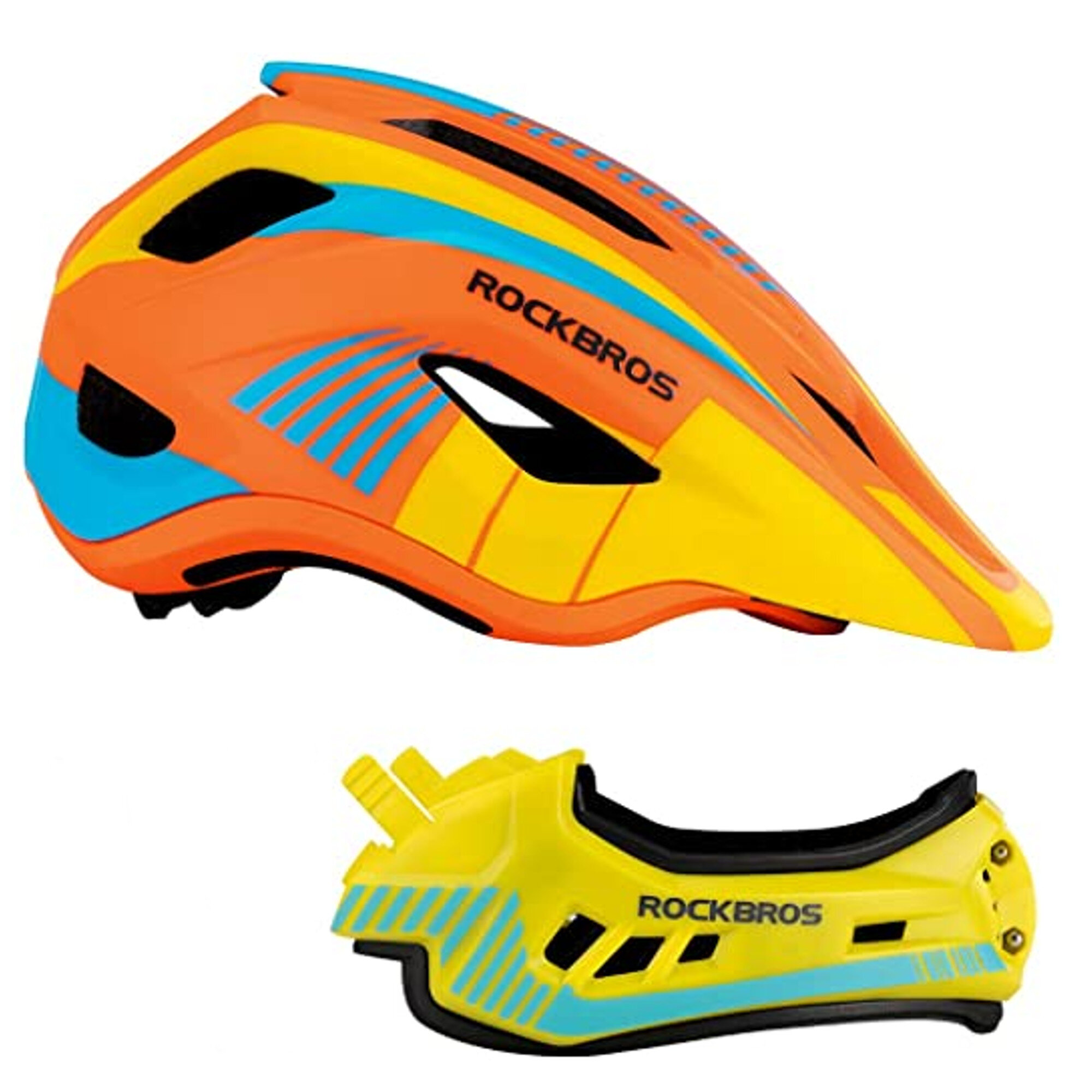 Kask rowerowy dziecięcy w kolorach pomarańczowym, żółtym i niebieskim z napisem \'ROCKBROS\'. Obok znajduje się szczękowa część kasku w kolorze żółtym z niebieskimi i czarnymi elementami oraz napisem \'ROCKBROS\'.