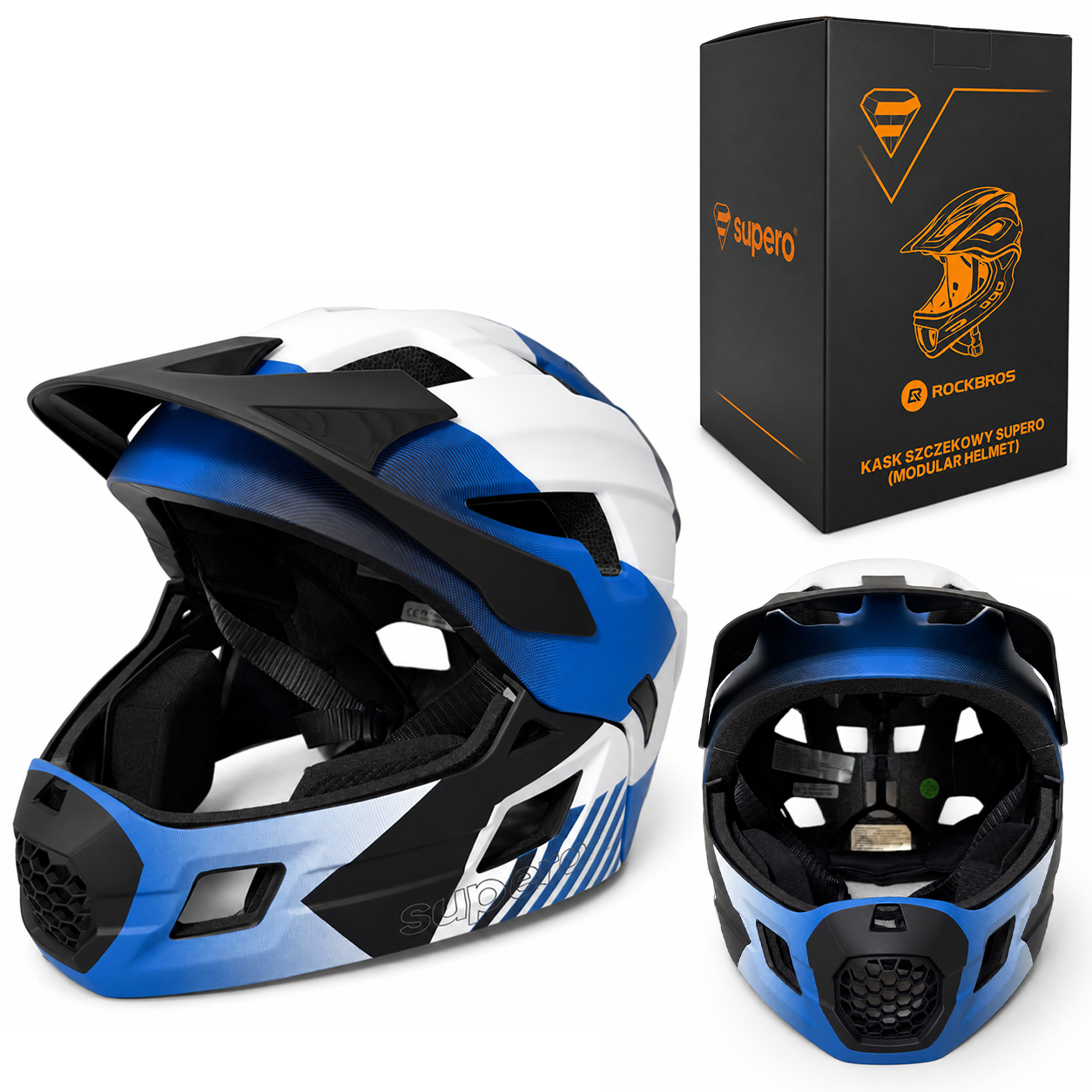 Na obrazie widoczny jest kask rowerowy w kolorach niebieskim, białym i czarnym z daszkiem oraz pudełko z napisem \'supero\' i \'KASK SZCZĘKOWY SUPER0 (MODULAR HELMET)\'.