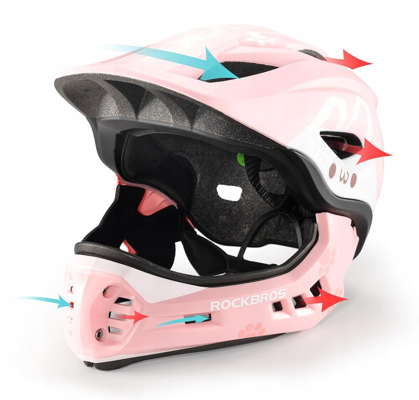 Różowy kask rowerowy fullface z odpinaną szczęką, posiada otwory wentylacyjne i napis \'ROCKBROS\'.