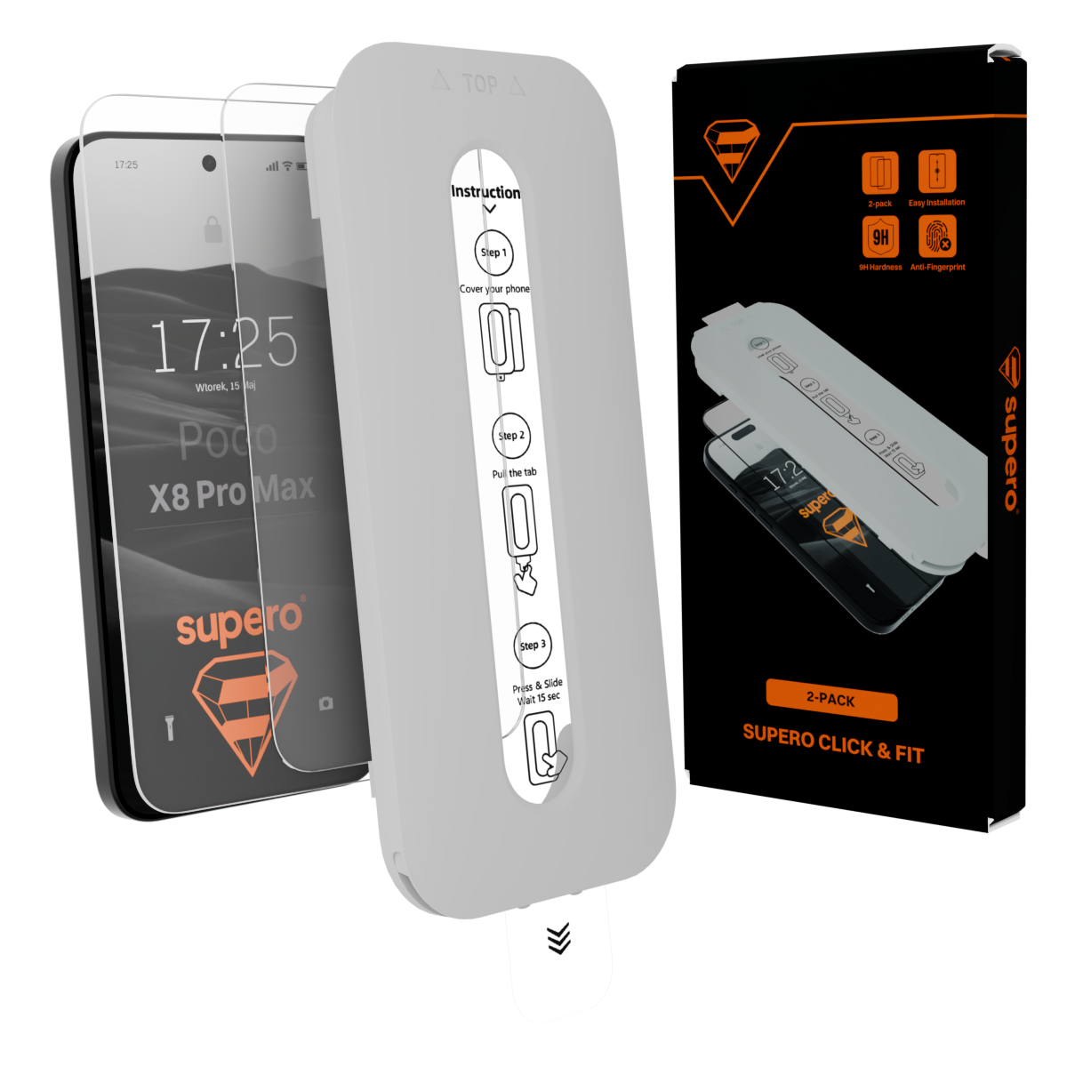Obraz przedstawia szkło hartowane do telefonu z aplikatorem oraz opakowanie z napisem \'supero\'. Na opakowaniu widoczne są ikony z oznaczeniami \'2-pack\', \'Easy Installation\', \'9H Hardness\', \'Anti-Fingerprint\'.