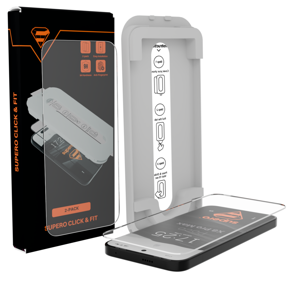 Opakowanie z napisem \'SUPERO CLICK & FIT\' zawiera szkło hartowane do telefonu oraz aplikator. Na opakowaniu widoczne są ikony z napisami: \'2 pack\', \'Easy installation\', \'9H Hardness\', \'Anti-Fingerprint\'.
