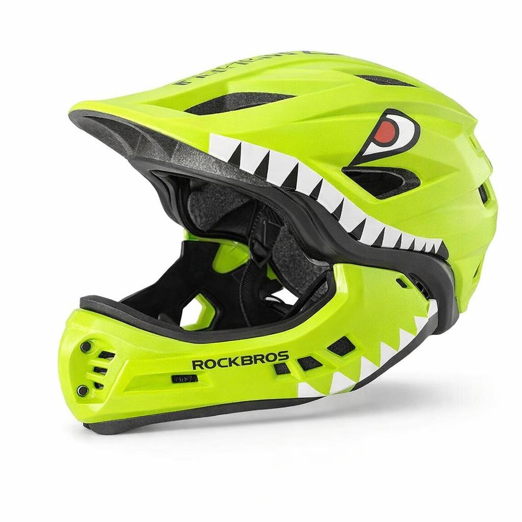 Jaskrawozielony kask rowerowy z odpinaną szczęką, ozdobiony wzorem przypominającym zęby i oko. Na kasku widoczne jest logo \'ROCKBROS\'.