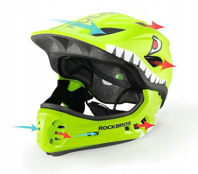 Kask rowerowy dziecięcy fullface w kolorze zielonym z odpinaną szczęką, ozdobiony grafiką przypominającą zęby i oko, z widocznym napisem \'ROCKBROS\' na boku.