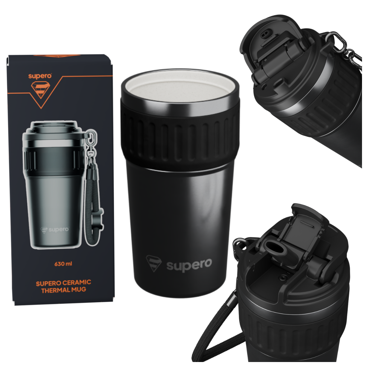 Na obrazie widoczny jest czarny kubek termiczny z logo \'supero\' oraz jego opakowanie z napisem \'630 ml SUPER CERAMIC THERMAL MUG\'. Kubek posiada czarną pokrywkę z ustnikiem i słomką oraz pasek do przenoszenia.