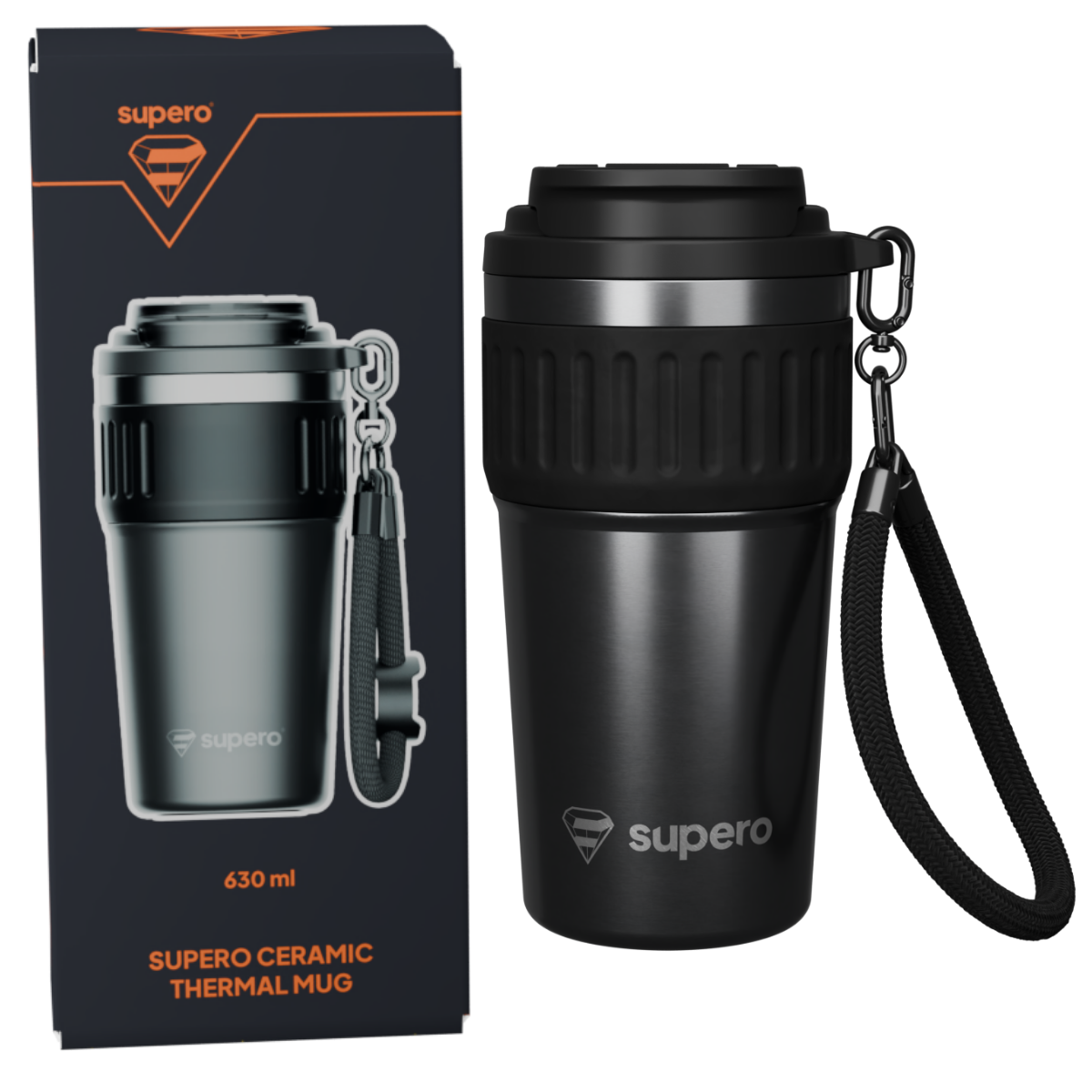 Na obrazie widoczny jest czarny kubek termiczny z czarną pokrywką i uchwytem na pasek, obok którego znajduje się pudełko z napisem \'supero\' i \'630 ml SUPER CERAMIC THERMAL MUG\'.