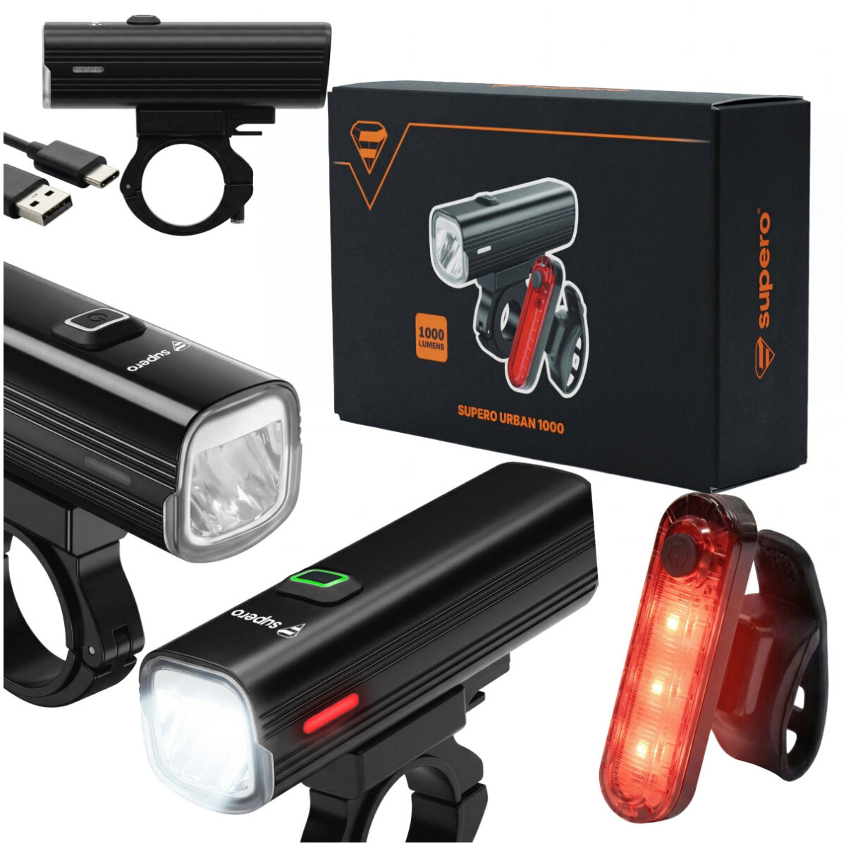 Na obrazie widoczna jest czarna lampka rowerowa z mocnym światłem LED oraz czerwone światło tylne, obok znajduje się opakowanie z napisem \'SUPERO URBAN 1000\'. W zestawie jest również kabel USB-C i uchwyt montażowy.