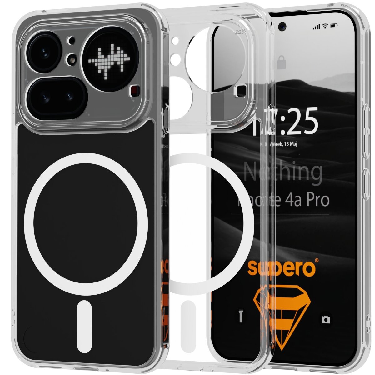 Obraz przedstawia przezroczyste etui magnetyczne z czarnym panelem i białym okręgiem, przeznaczone do telefonu Nothing Phone 4a Pro. Na ekranie telefonu widoczny jest tekst: \'11:25, Wtorek, 15 Maj, Nothing Phone 4a Pro, supero\'.