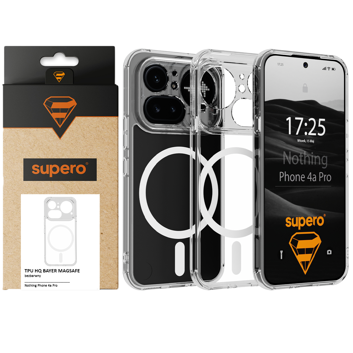 Obraz przedstawia przezroczyste etui magnetyczne z białymi okręgami, przeznaczone do telefonu Nothing Phone 4a Pro. Obok znajduje się opakowanie z logo \'supero\' i napisem \'TPU HQ BAYER MAGSAFE\'.