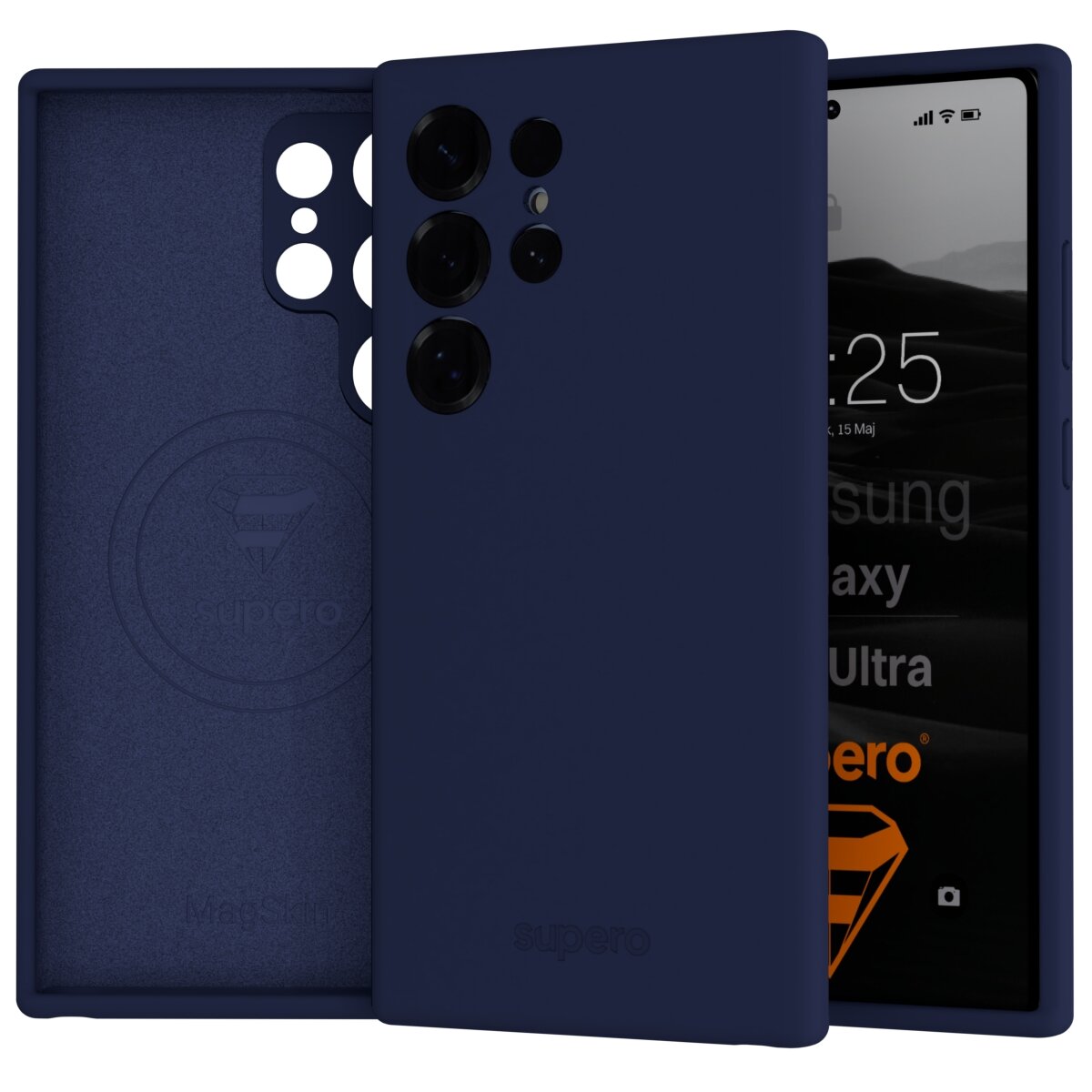 Granatowe etui silikonowe z wycięciami na aparat, przeznaczone do Samsung Galaxy S24 Ultra. Na etui widoczne jest logo \'supero\'.