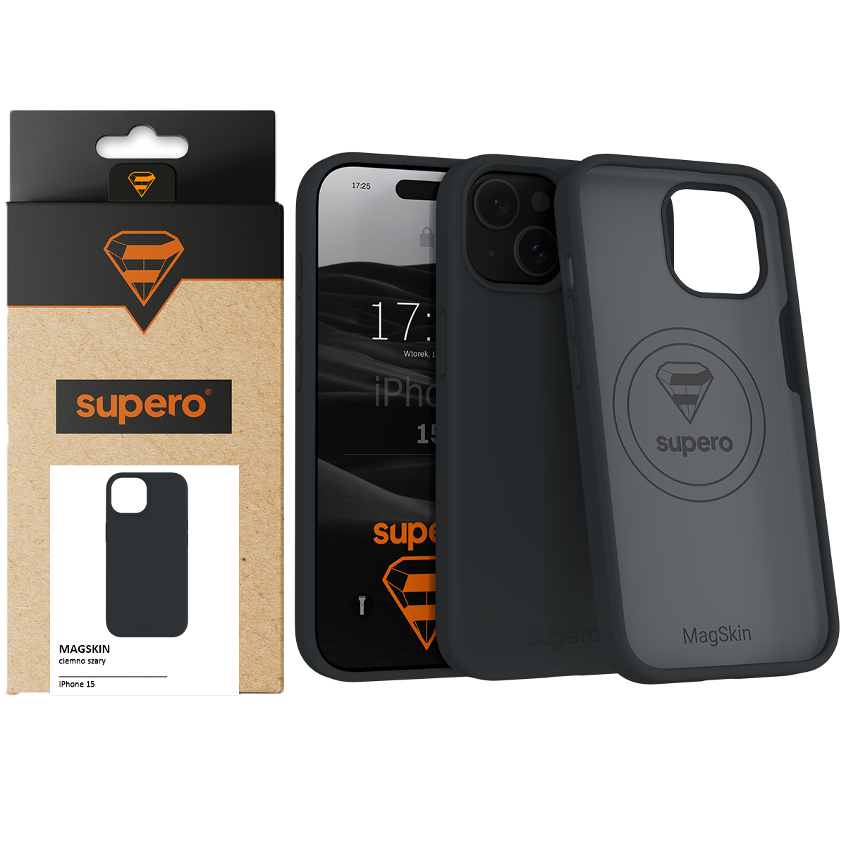 Na obrazie widoczne jest ciemnoszare etui silikonowe do iPhone 15 z logo \'supero\' oraz opakowanie z napisem \'MAGSKIN ciemno szary iPhone 15\'.