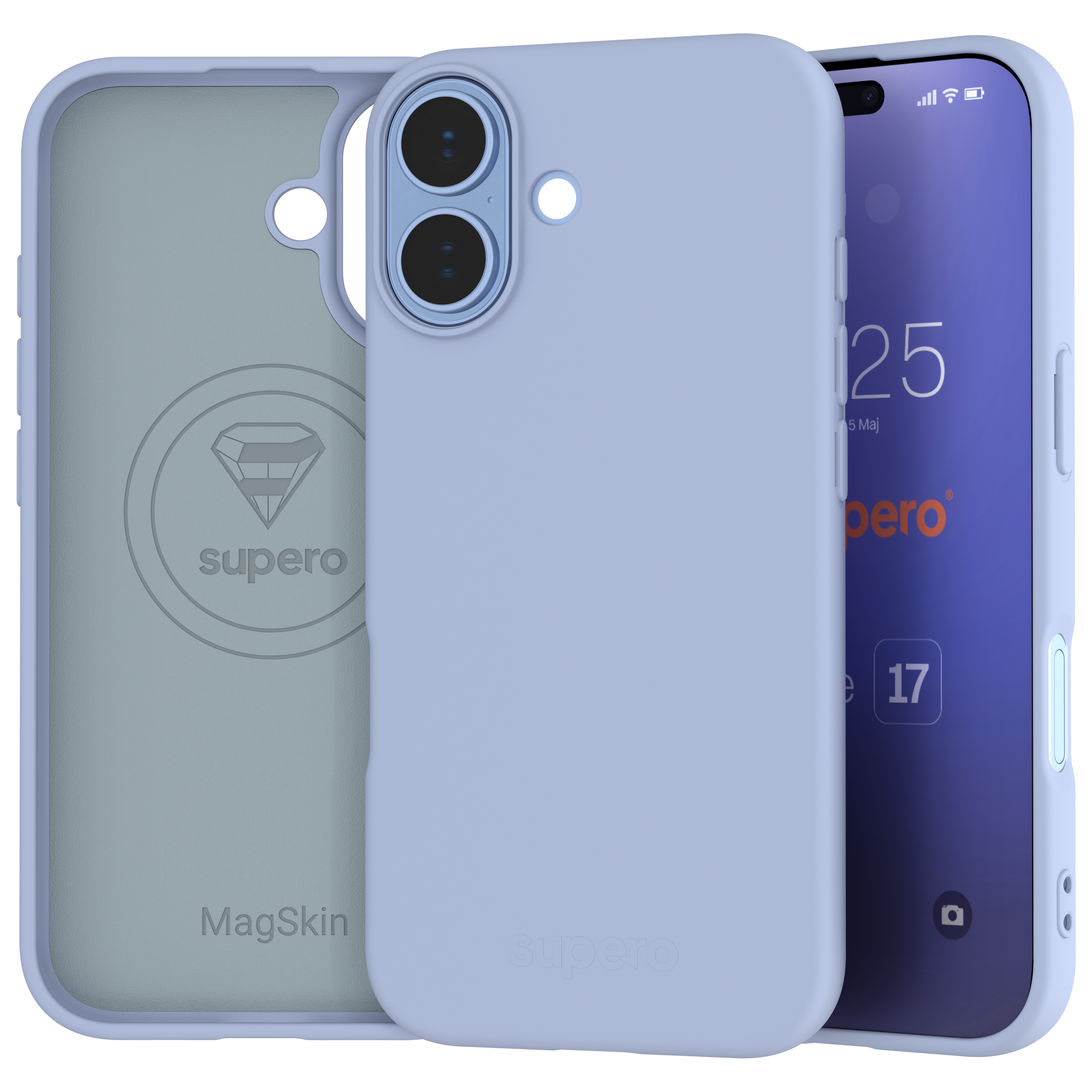 Na obrazie widoczne jest silikonowe etui w kolorze jasnoniebieskim z wycięciami na aparat i przyciski. W tle widać ekran telefonu z logo \'supero\' oraz tekstem \'MagSkin\'.