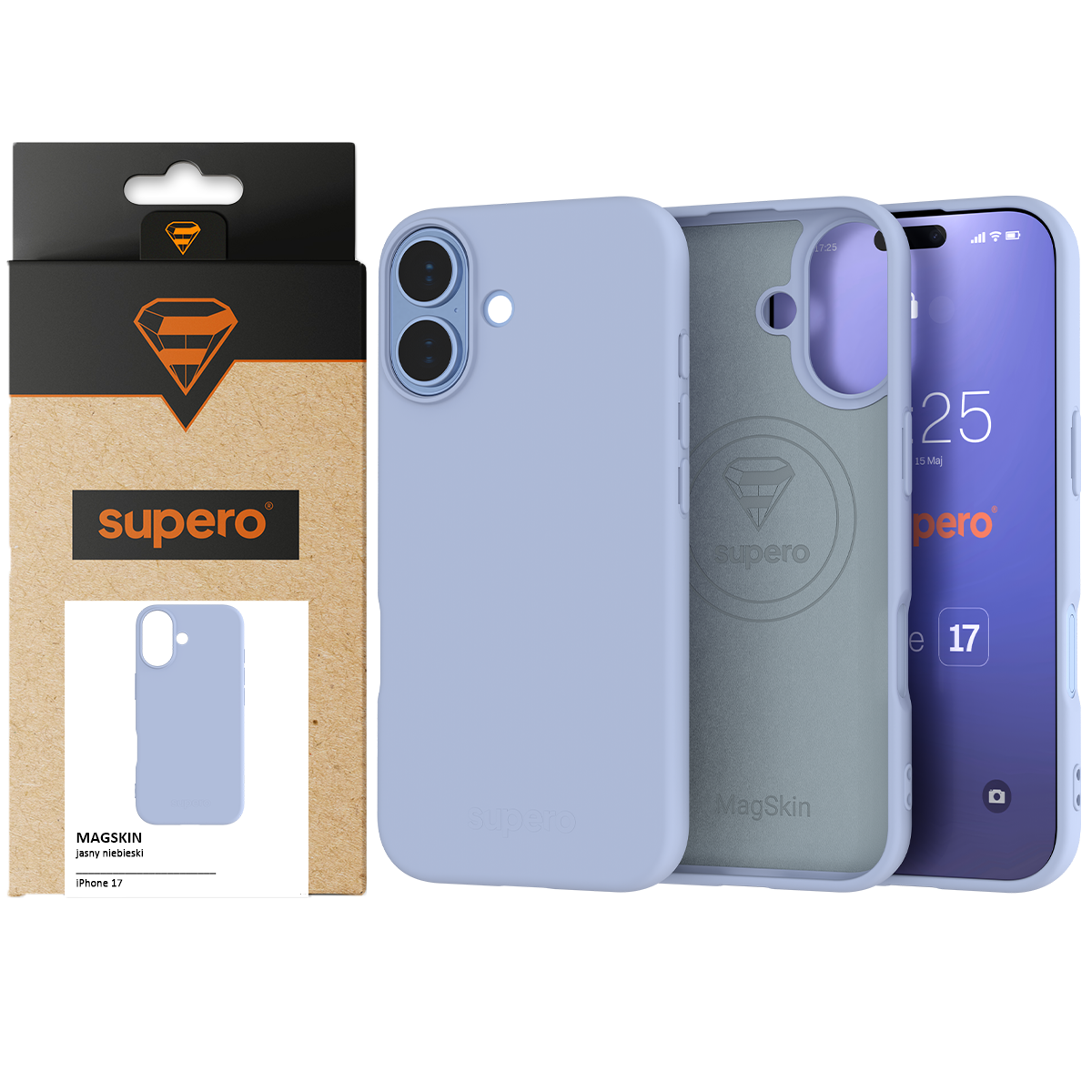 Na obrazie widoczne jest jasnoniebieskie etui silikonowe na telefon oraz jego opakowanie z logo \'supero\'. Na ekranie telefonu widoczny jest napis \'supero\' oraz data i godzina: \'15 Maj, 12:25\'.