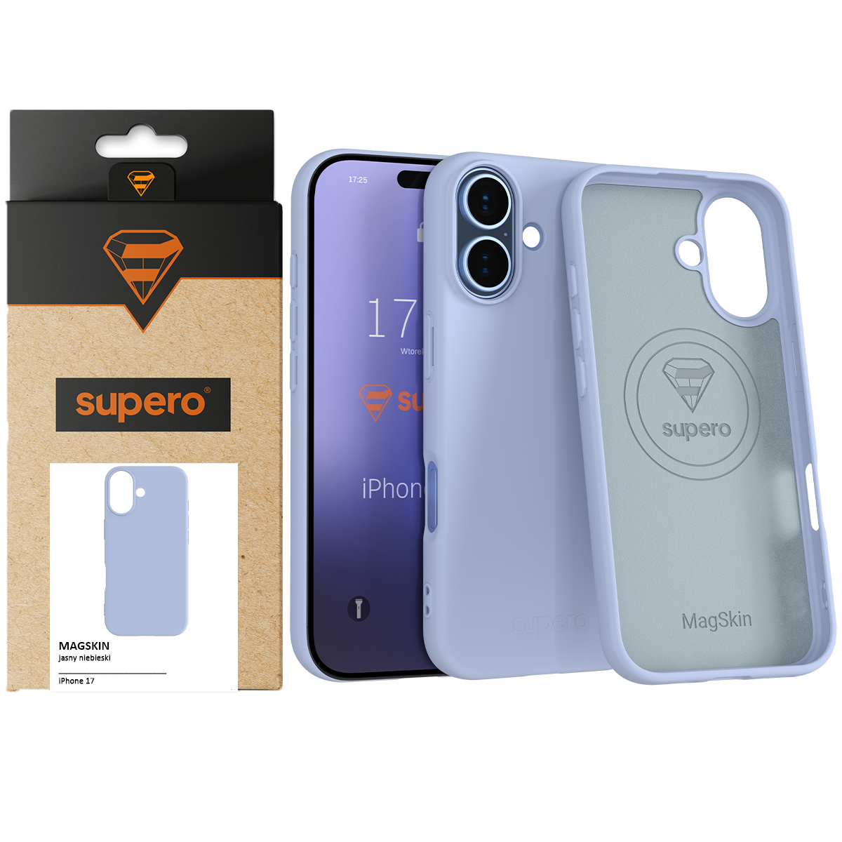 Na obrazie widoczne jest jasnoniebieskie etui silikonowe do telefonu iPhone 17 z logo \'supero\' oraz opakowanie z napisem \'MAGSKIN jasny niebieski iPhone 17\'.