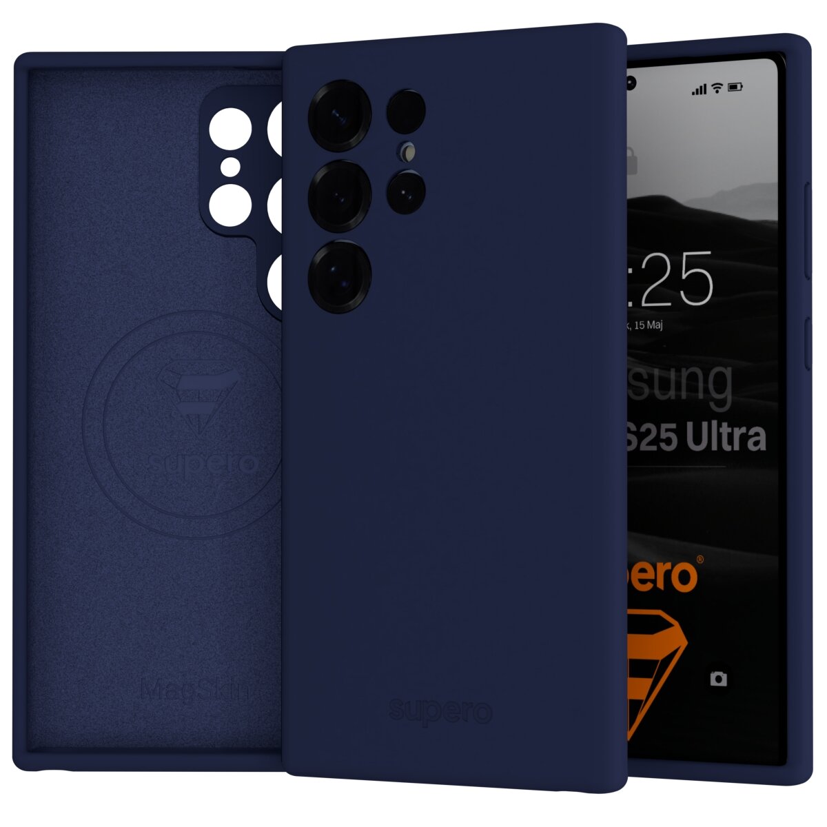 Na obrazie widoczne jest ciemnoniebieskie etui silikonowe z wycięciami na aparat, przeznaczone do telefonu Samsung Galaxy S25 Ultra. Na etui znajduje się logo \'supero\' oraz napis \'MagSafe\'.