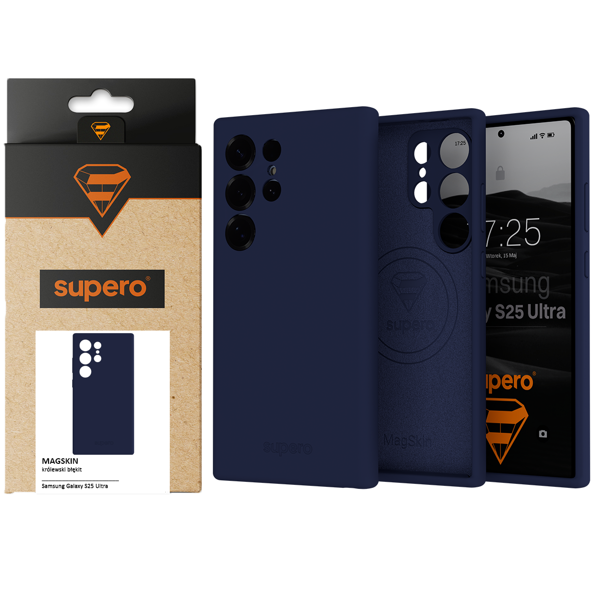 Na obrazie widoczne jest granatowe etui silikonowe do telefonu Samsung Galaxy S25 Ultra, obok którego znajduje się opakowanie z logo \'supero\'.