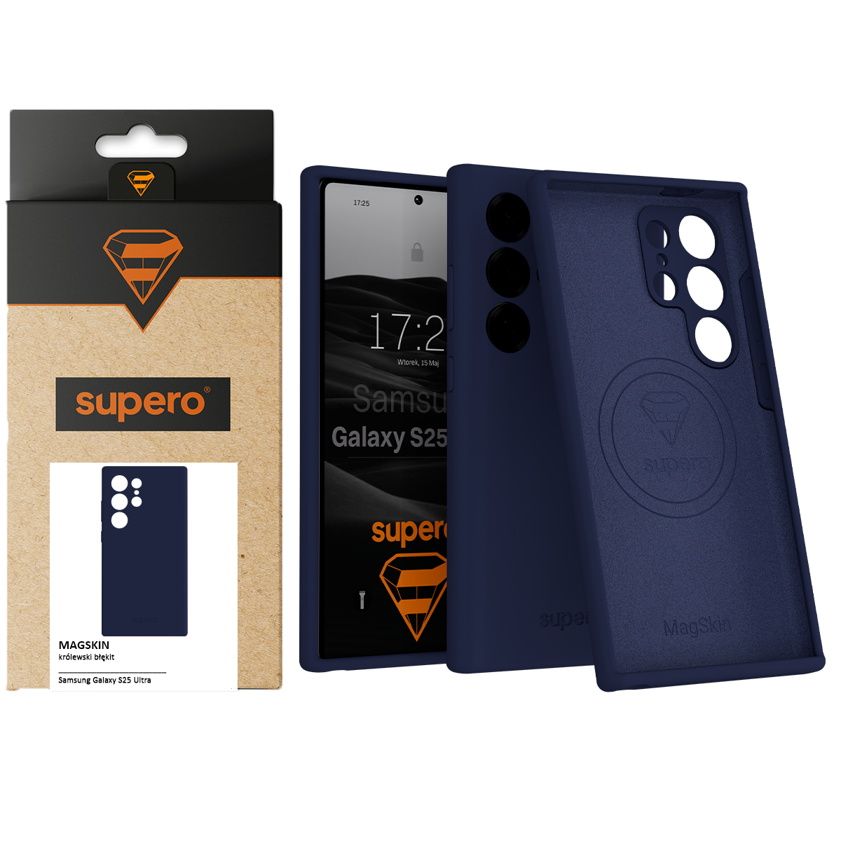 Na obrazie widoczne jest granatowe etui silikonowe z wycięciami na aparat, obok którego znajduje się opakowanie z logo \'supero\'. Na ekranie telefonu widać napis \'Samsung Galaxy S25 Ultra\' oraz godzinę 17:25.
