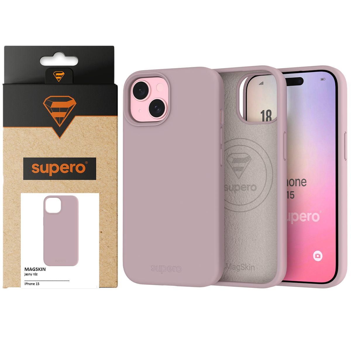 Obraz przedstawia silikonowe etui w kolorze jasnoróżowym na iPhone 15, z widocznym logo \'supero\' na opakowaniu. Etui jest zaprezentowane z przodu i z tyłu, a na ekranie telefonu widoczny jest napis \'iPhone 15\'.