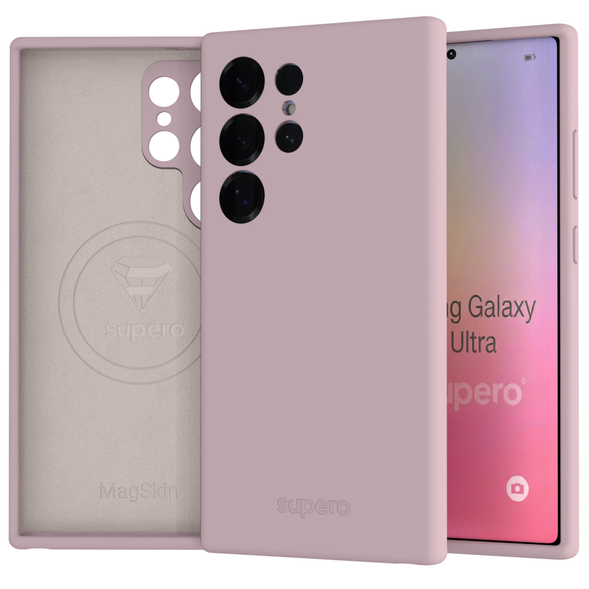 Różowe etui silikonowe z wycięciami na aparat, z widocznym logo \'supero\' i napisem \'MagSkin\'. Obok etui znajduje się telefon z ekranem wyświetlającym tekst \'Samsung Galaxy S25 Ultra\'.