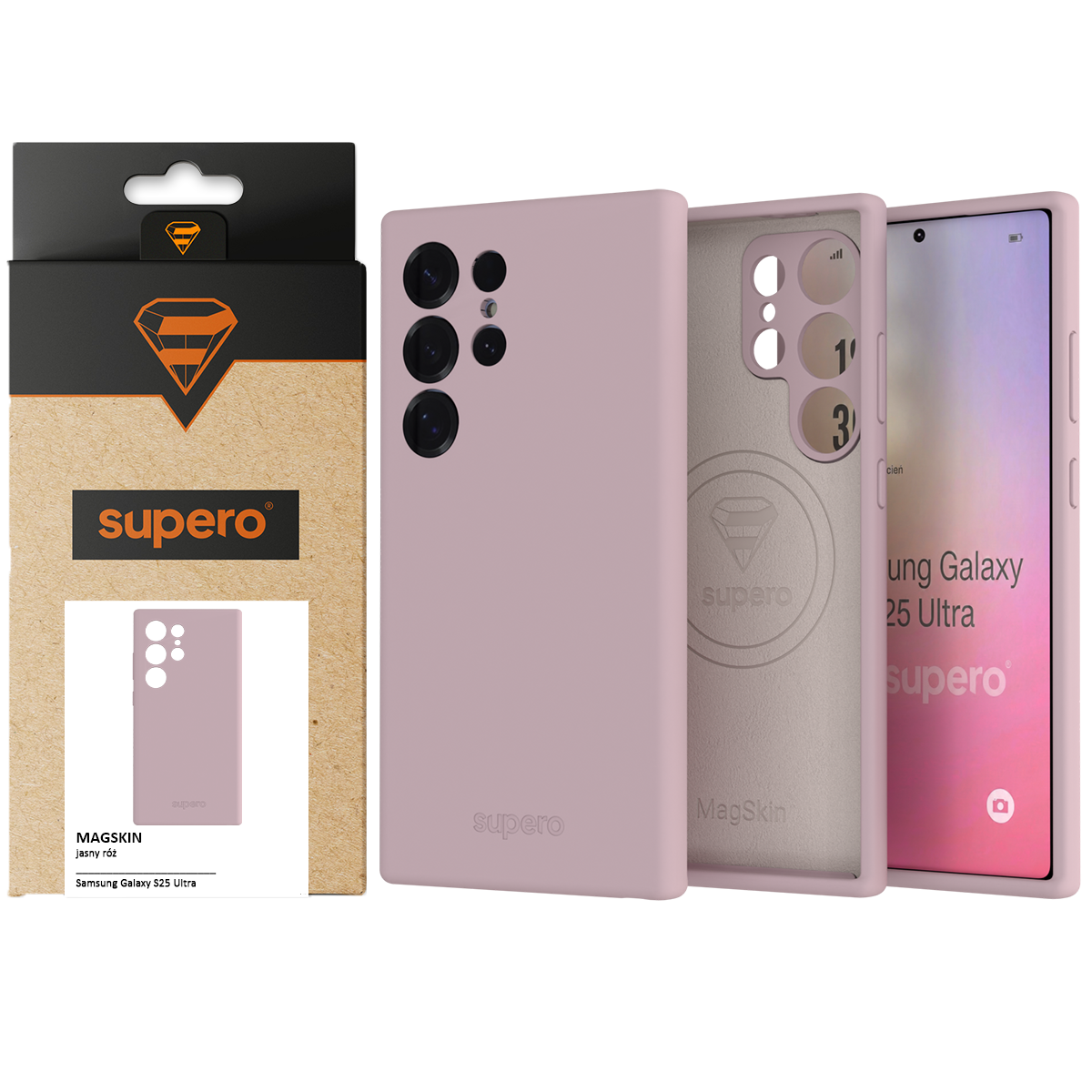 Obraz przedstawia różowe etui silikonowe do telefonu Samsung Galaxy S25 Ultra z logo \'supero\' oraz opakowanie z napisem \'MAGSKIN jasny róż\'.