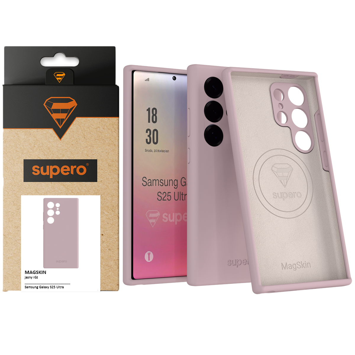 Na obrazie widoczne jest różowe etui silikonowe do telefonu Samsung Galaxy S25 Ultra z wycięciami na aparat i logo \'supero\'. Obok znajduje się opakowanie z napisem \'MAGSKIN jasny róż\' oraz logo \'supero\'.