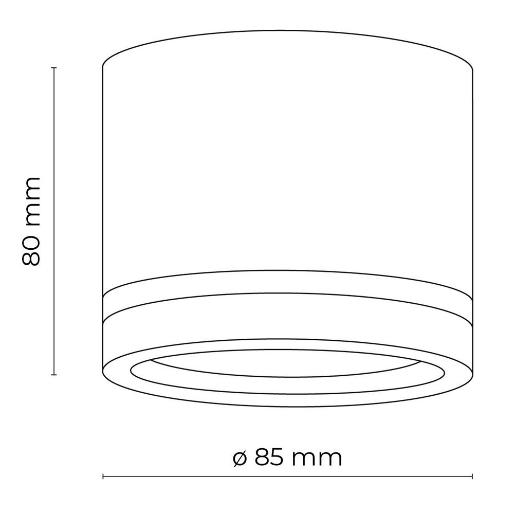 Schematyczny rysunek oprawy natynkowej w kształcie walca z wymiarami: wysokość 80 mm, średnica 85 mm.