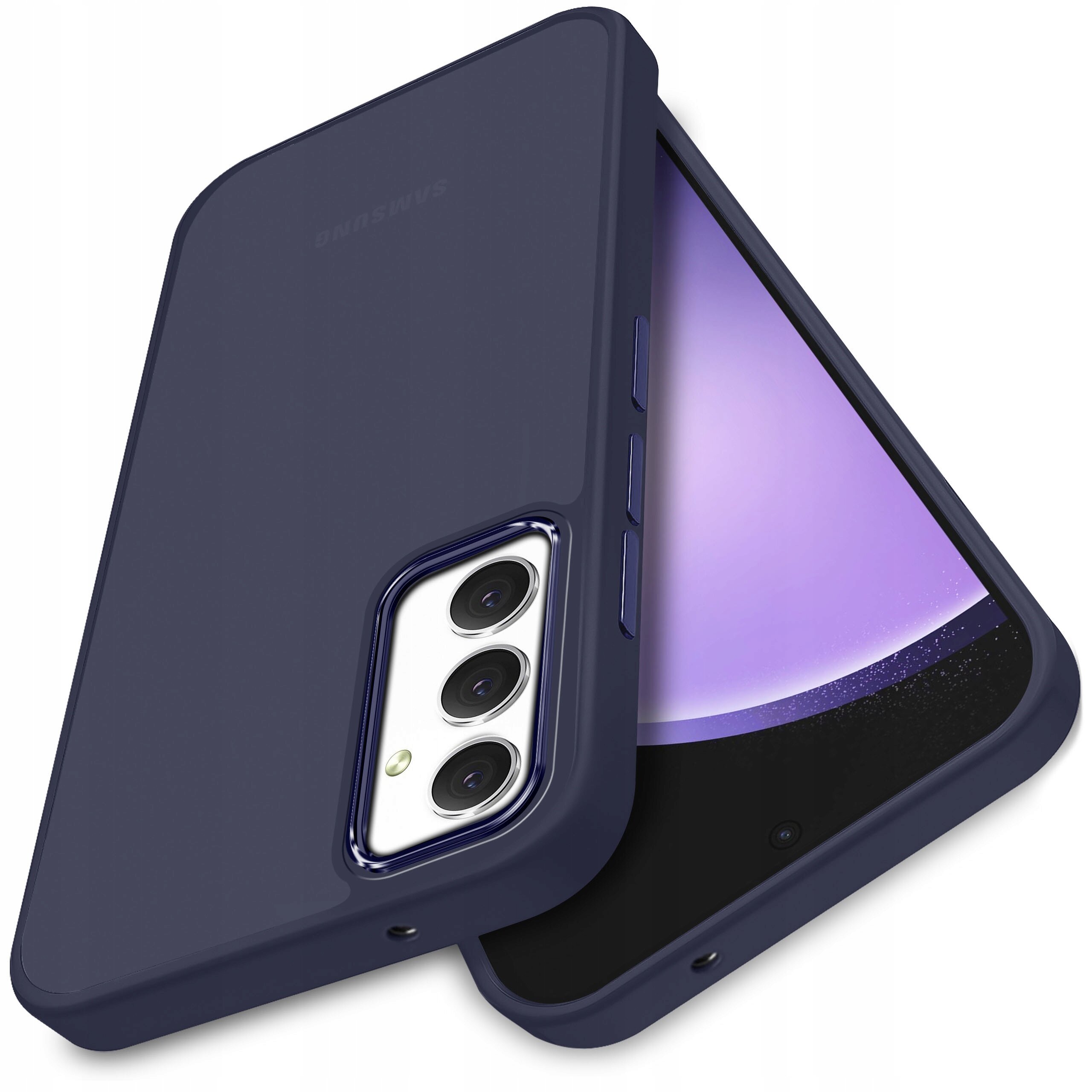 Etui do telefonu w kolorze ciemnoniebieskim z trzema wycięciami na aparaty oraz przyciskami bocznymi. Na etui widoczny jest napis \'SAMSUNG\'.