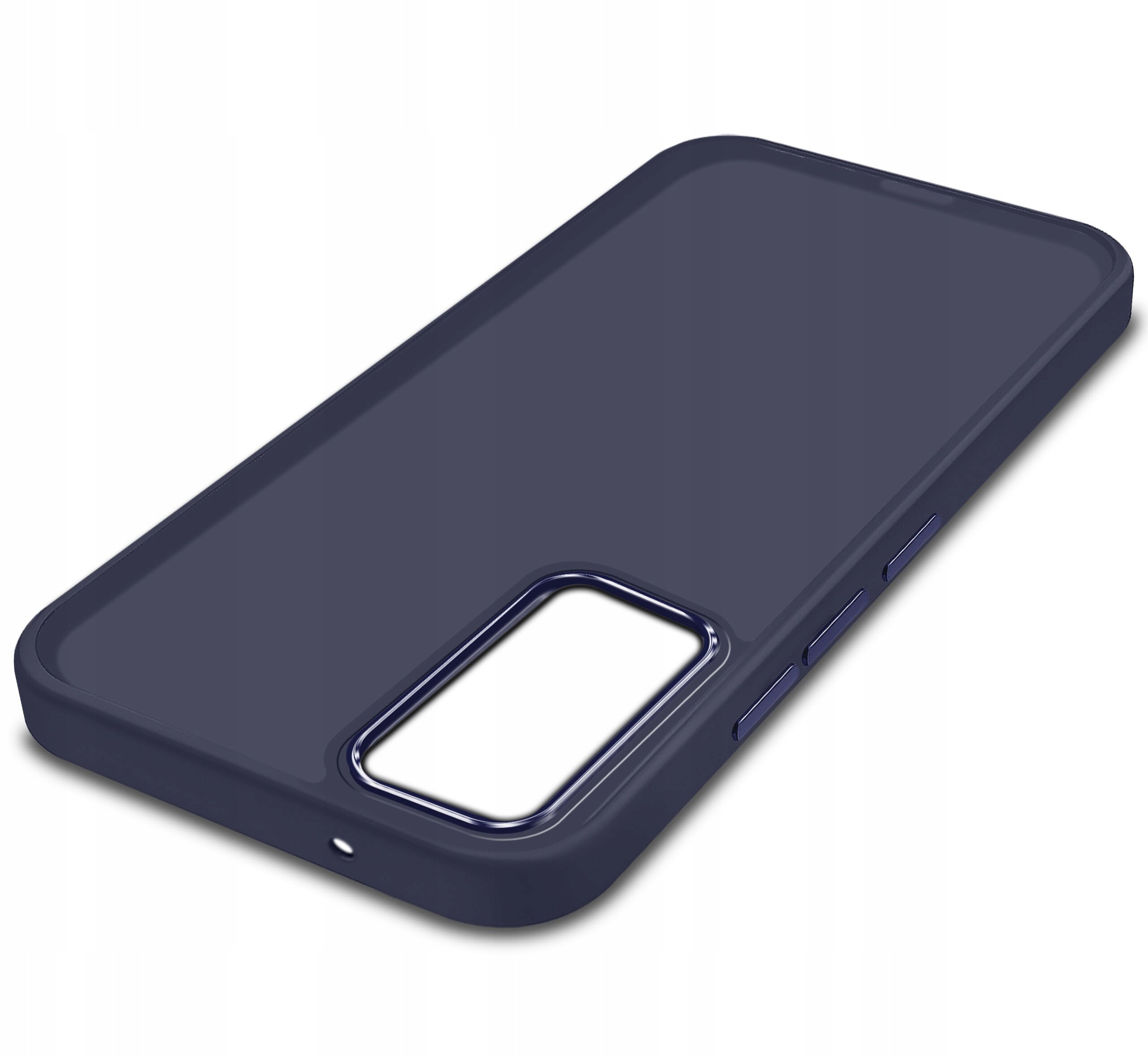 Na obrazie widoczne jest matowe etui na telefon w ciemnym kolorze z wycięciem na aparat i przyciskami bocznymi.